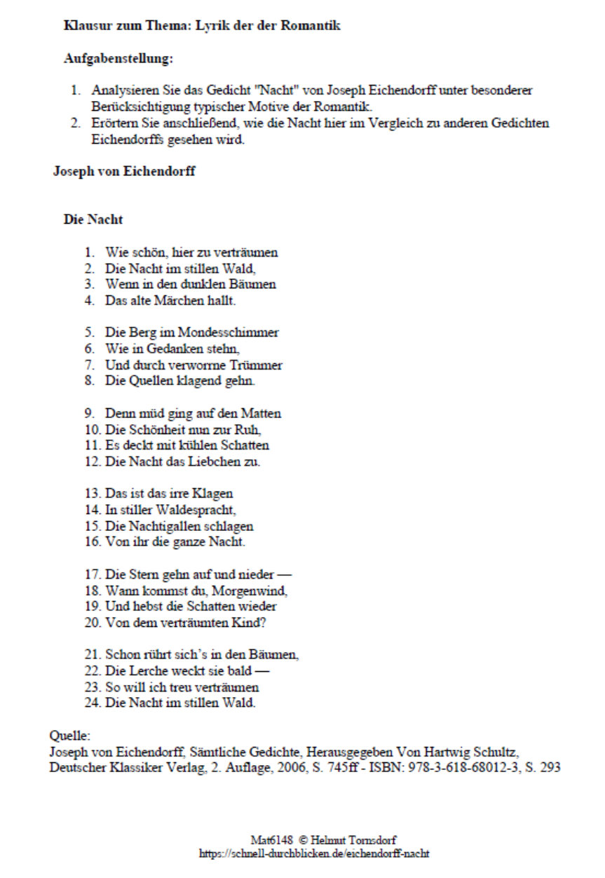 Joseph Von Eichendorff Gedichte Romantik Klausur