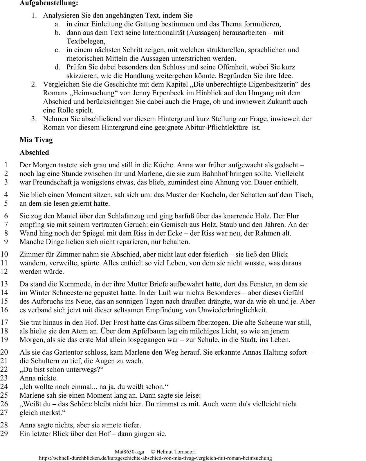 Vorschau der Klausurvorlage: Kurzgeschichte „Abschied“ von Mia Tivag mit Aufgabenstellung zum Vergleich mit Erpenbecks Roman „Heimsuchung“