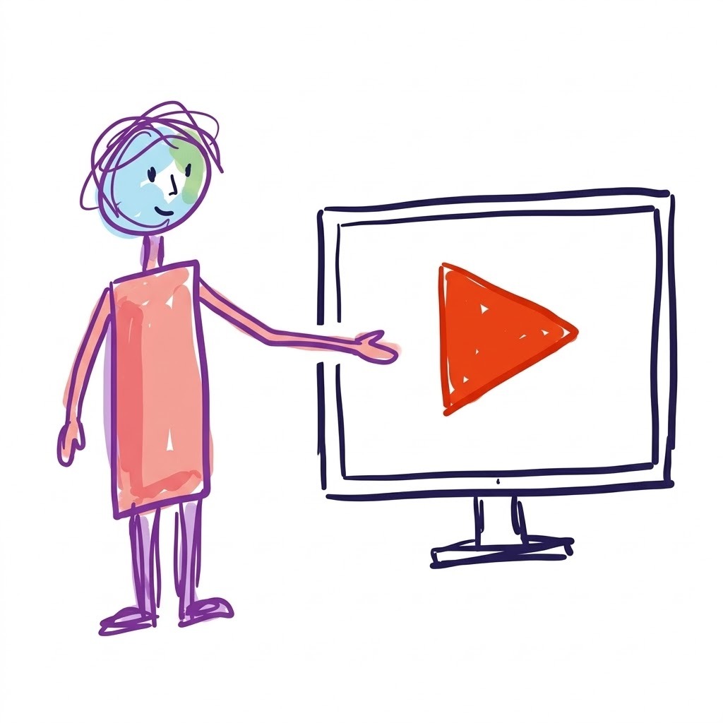 Handgezeichnetes Männchen zeigt auf einen Bildschirm mit Play-Zeichen – hier folgt ein Video