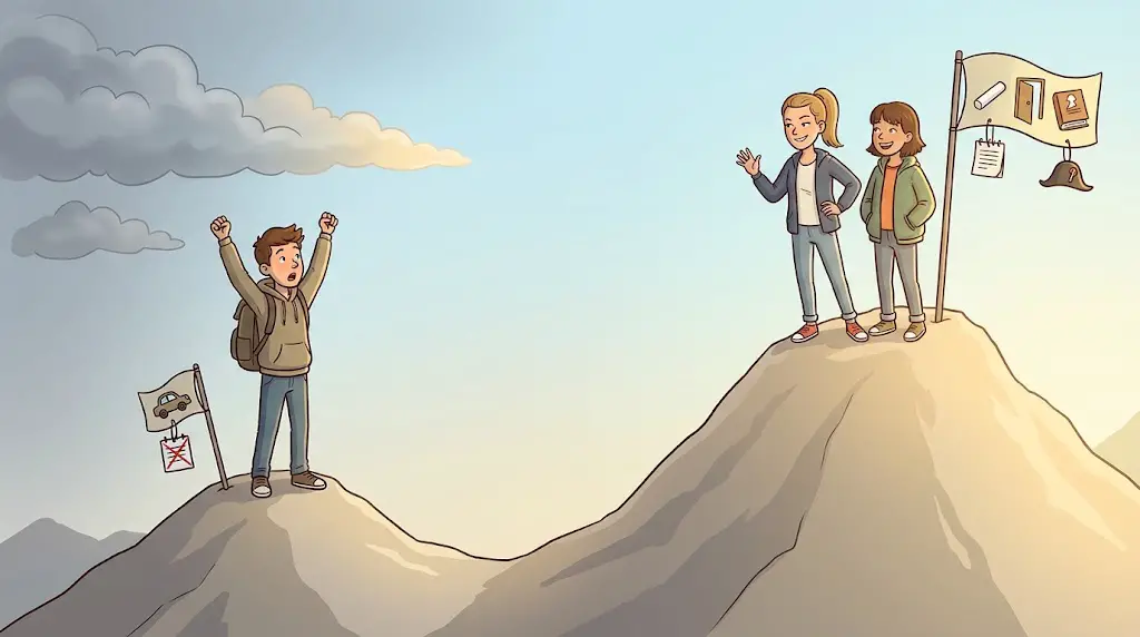 Cartoon: Ein Schüler jubelt auf einem kleinen Berggipfel und schaut überrascht zu einem höheren Nachbargipfel, auf dem zwei Schülerinnen stehen und ihm zuwinken; an beiden Gipfelfahnen hängen Symbole für die Erfolge aus der Geschichte.